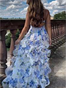 Women's Long Dress With Halter Style Featuring Printed Design, With An Ethereal And Elegant Look, Suitable For A Vacation Date Or Formal Evening Wear - 白色 - 查看 4