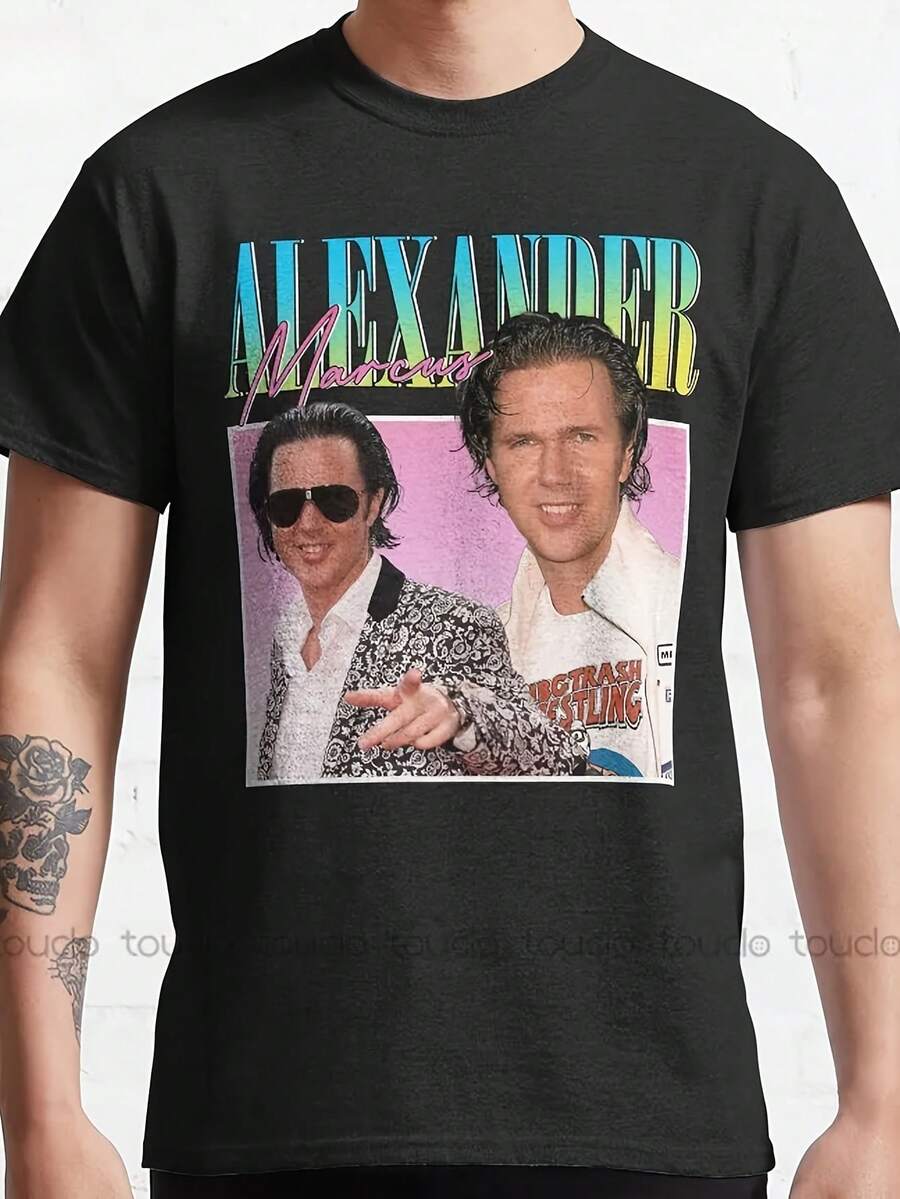 Alexander Marcus Men's 90s Retro Graphic T-Shirt - Vintage Alexander King & Trash Town Collab Design, Black Casual Round Neck Tee, Soft Comfortable Collectible Gift For 90s Nostalgia Fans, Streetwear Style, Everyday Tee, Classic Fit, Stylish Design, Breathable Material, Durable Shirt, Unisex Top, Fashion Enthusiasts - Black - View 1
