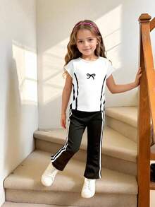 少女蝴蝶结印花圆领短袖T恤搭配喇叭裤休闲套装 - 白色 - 查看 7