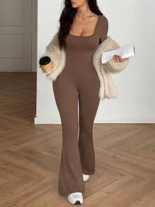 AiTyi Women's Jumpsuit, Well Fitted, Casual, Slimming, Shaping, Comfortable, Versatile, Fashionable, Sexy, Ruched Back Design, Suitable For Graduation, Back To School, Christmas, New Year, Thanksgiving, Autumn/Winter Knit Long Sleeve Jumpsuit - Brown - View 2
