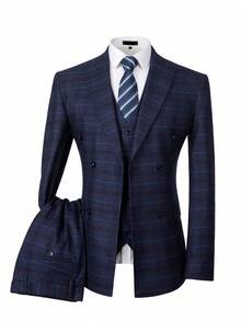 Elegant Men's Suits 3 Piece Set Regular Fit Dress Tuxedo For Men Two Button Plaid Casual Button Front Daily Anniversary Garden Holiday Going Out Formal Jacket Vest Pants Set Size XS-XXXL Clothes For Men - 寶藍藍格 - 查看 1