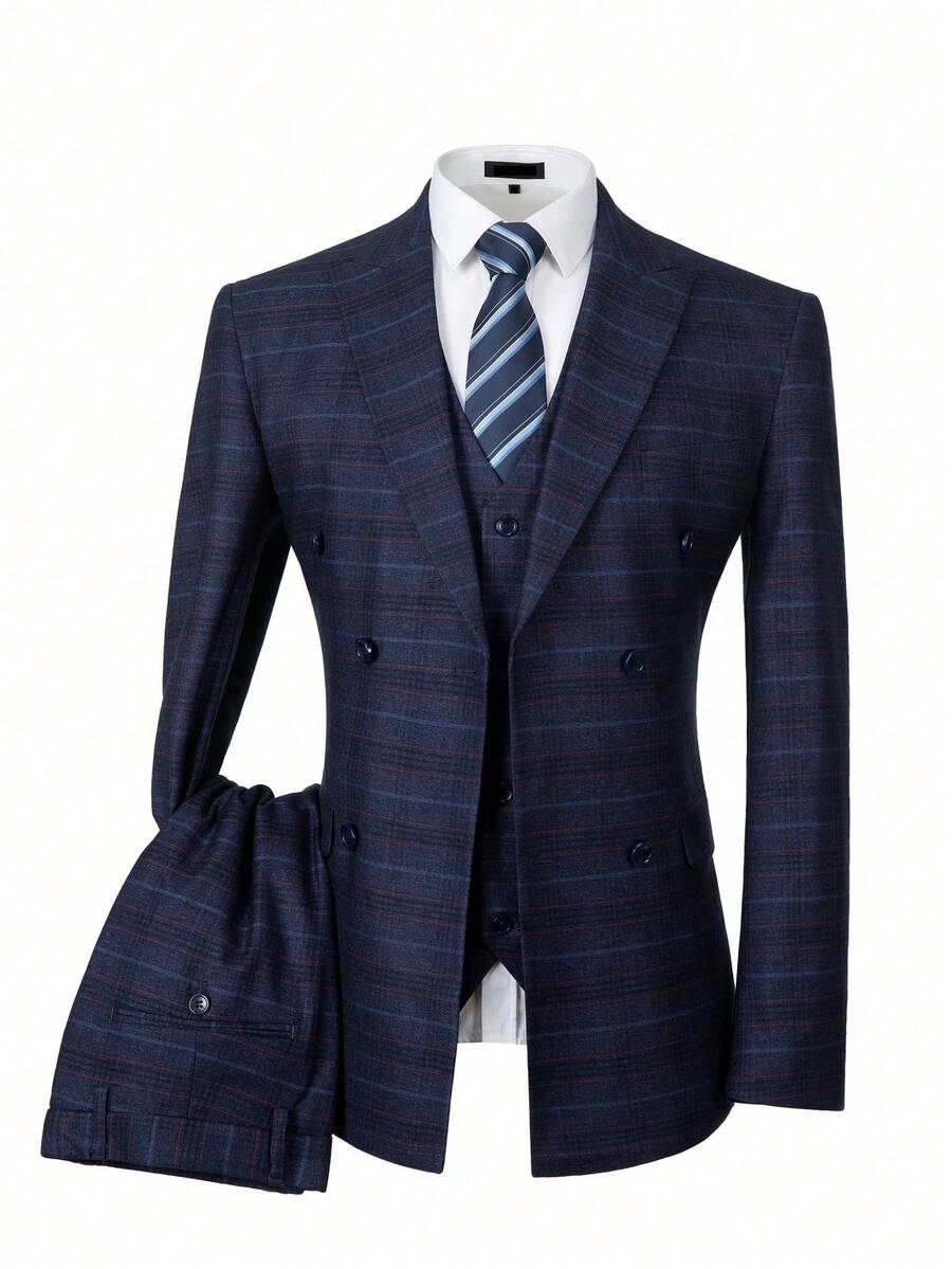 Elegant Men's Suits 3 Piece Set Regular Fit Dress Tuxedo For Men Two Button Plaid Casual Button Front Daily Anniversary Garden Holiday Going Out Formal Jacket Vest Pants Set Size XS-XXXL Clothes For Men - 寶藍藍格 - 查看 1