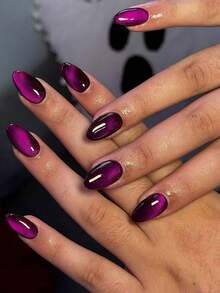 Bộ 24 móng tay giả acrylic hình oval ngắn, bóng, màu tím ánh pha lê kiểu mắt mèo Y2K, thiết kế hình hạnh nhân, vừa vặn hoàn hảo, móng mắt mèo màu tím giúp đầu ngón tay bạn tỏa sáng rạng rỡ, phù hợp cho phụ nữ và bé gái sử dụng hàng ngày đi làm và dự tiệc. - Màu tím - Xem 7