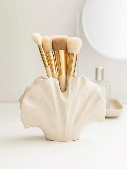 1PC Shell-Inspired Makeup Brush Organizer, Desktop Cosmetic Display Holder For Vanity Table, Multi-Slot Beauty Storage For Bathroom & Dressing Area