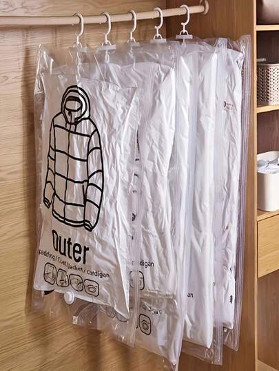 1PC Vacuum Sealed Hanging Storage Bags With Hooks, Dustproof Clothing Storage Bags For Dorms, Wardrobes, Closets, Bedrooms - Plastic Rectangular Zipper Clothing Packaging Bags, Save Space At Home, Large Transparent Vacuum Compression Bags With Hooks For Clothes, Down Jackets, Suits - Space-Saving, Dust-Proof Storage Solution For Small Wardrobes - Clothing Protection | Efficient Storage | Airtight Storage, Clothing Storage,Storage Orangizer,Travel Essential