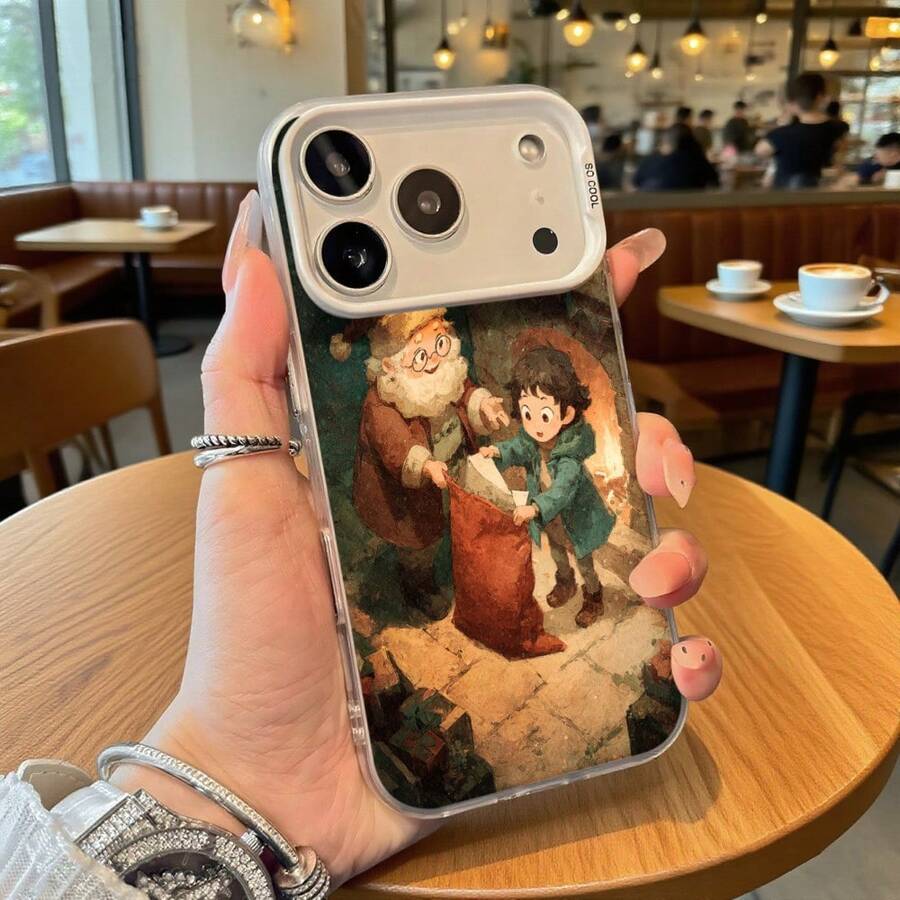 Funda de Teléfono Blanca con Impresión de Santa Claus y Niño en Escena Navideña para 14 Pro Max 13 Pro Galaxy S23 S22 Adecuada para Todas las Estaciones Opción de Regalo Ideal - Negro - Ver 1