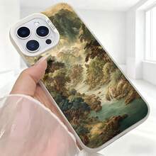 Carcasa de telefono con borde negro y diseño de paisaje montañoso con río verde azulado para iPhone 14 Pro Max estilo artístico vintage ideal para uso diario en cafeterías y salas de estar - Blanco - Ver 5
