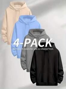 4pcs Women's Casual Hooded Sweatshirt - Women's Outdoor Sweatshirt, Solid Color, Regular Fit, Long Sleeve, Front Pocket Pullover, Versatile For Office And Casual Wear, Street Style Essential, Minimalist Design, Durable Construction, Unisex Style, Urban Style, Suitable For Holiday Gifts - 彩色 - 查看 2