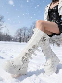 Women Wedge Punk Mid Calf Boots Ladies Shoes Platform Knee High Goth Boots With Chain Zipper Buckle Decor Chunky Heel Combat Boots Winter Outdoor Footwear - trắng - Xem 2