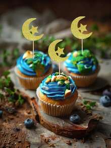 1/10/20 件新月星形装饰品，金色闪光蛋糕装饰，适用于开斋节、开斋节蛋糕装饰、开斋节派对用品、甜品桌装饰、糖果装饰、派对装饰、斋月。