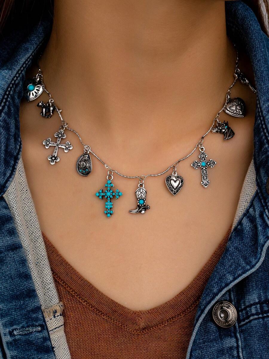 1 Pc Western Charm Necklace Cowgirl Boots Cowboy Hat Cross Charms Necklaces Jewelry For Women , Western Jewelry