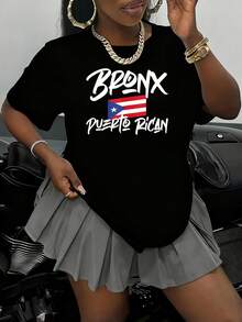 Bronx Puerto Rican Women's Plus Size T-Shirt 100% Polyester Shirt Casual 220g Funny Oversized Graphic Short Sleeve 1 Pcs Tee Novelty Crew Neck Top - 黑色 - 查看 1