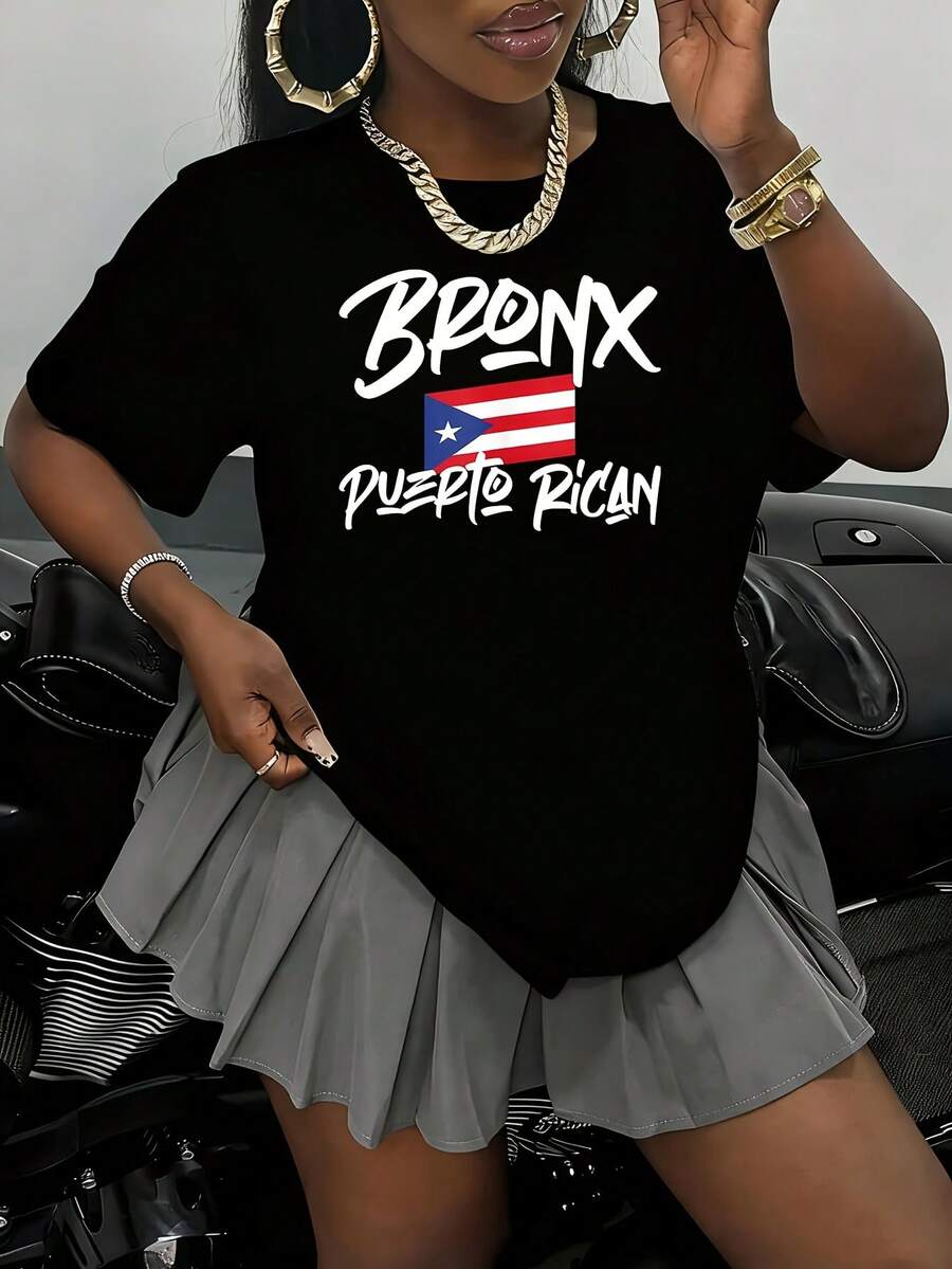 Bronx Puerto Rican Women's Plus Size T-Shirt 100% Polyester Shirt Casual 220g Funny Oversized Graphic Short Sleeve 1 Pcs Tee Novelty Crew Neck Top - 黑色 - 查看 1