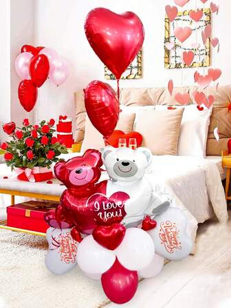 22件/套情人节爱心拥抱熊气球套装，包含18英寸红色爱心铝箔气球、印有“情人节快乐”字样的白色铝箔气球、双熊拥抱爱心气球、红白乳胶气球，适用于情人节、求婚、婚礼派对、浪漫装饰、告白、周年纪念、新娘礼物装饰气球。