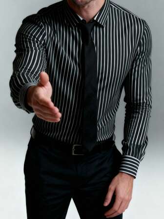 Men's Striped Long Sleeve Single-Breasted Formal Dress Shirt