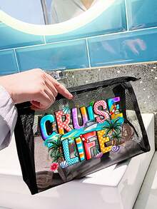 1/2 Cruise Life 图案字母印花网眼手提袋，可作洗漱包，大容量手提包，送给女孩的礼物，母亲节礼物，可折叠轻便，适合个人旅行化妆品收纳，易于清洁，旅行必备，生日礼物，教师节礼物，情人节礼物，圣诞节礼物，感恩节礼物 - 彩色 - 查看 3