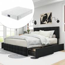Upholstered Bed With 4 Drawers & Spring Mattress, Double Bed With Slatted Base, Storage Bed, Height-Adjustable Headboard & Square Stitching Design, Metal Slat Support, Linen Material (140*200 Cm, Black) - Black - View 11
