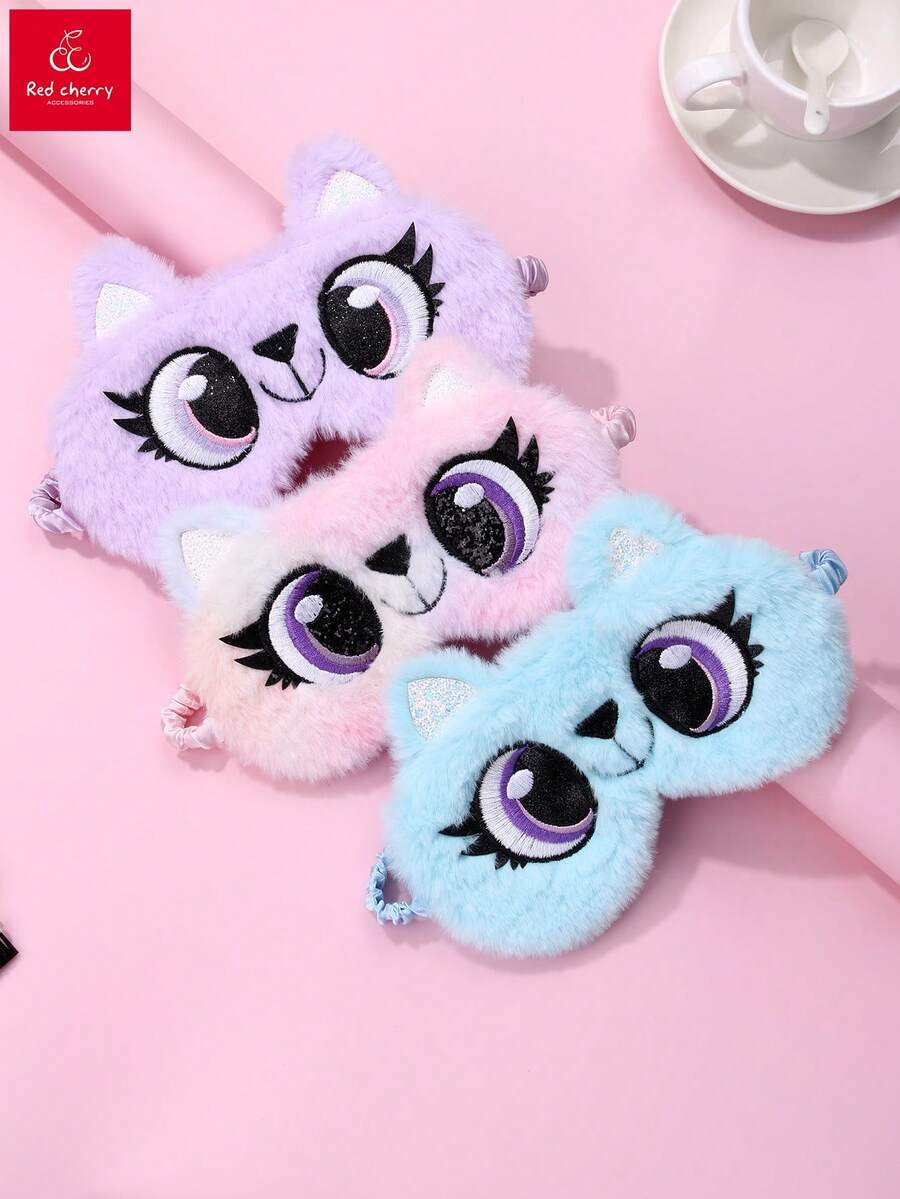 3pcs/Set Girls Polyester Pink & Blue Plush Cute Cat Animal Embroidered Sleep Mask, Suitable For Winter Rest - Multicolor - View 1