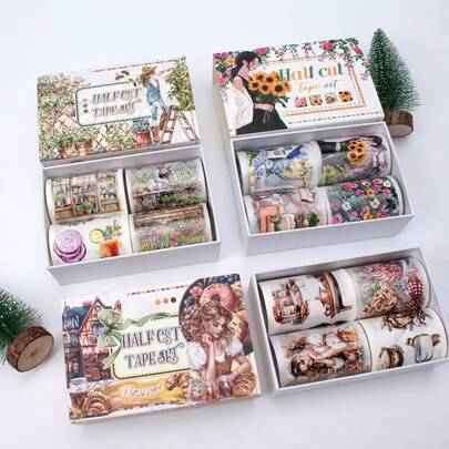 4-rullars set med vintage-Washi-tejp i lantlig blommotiv med europeisk landsbygd, pastorala scener, blommiga flickor - PET/papperslim för scrapbooking, journaling