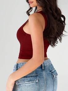 SDNGED Women's Solid Color Double-Layer Pleated Square Neck Camisole, Spring/Summer - Burgundy - View 7