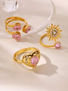 1 pieza Anillo de letra inicial de circonita de lujo para mujeres, anillo grueso y abierto de acero inoxidable, joyería de moda Hip Hop, regalo - Amarillo Oro - Ver 11