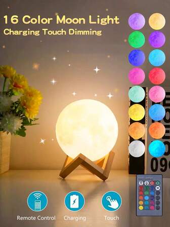 1pc Modern Anime Theme 16 Color 3D Moon Lamp, USB Rechargeable Night Moon Atmosphere Light, Touch Bedroom Bedside Charging Lamp With Remote Control Stand, Romantic Nightlight Suitable For Various Room Types, Decorative Gift