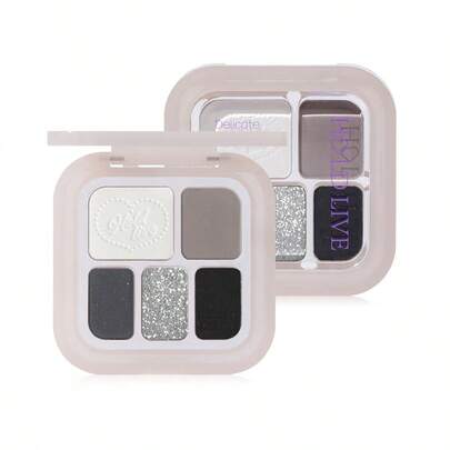 HOLD LIVE 5色アイシャドウパレット、ブルーとブラックのパール調の色合い、初心者や女性向けのポータブルな日常メイク