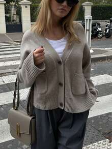 Fall Clothes For Women Minimalist Beige Knit Cardigan Button With Front Pockets – Effortless Everyday Style