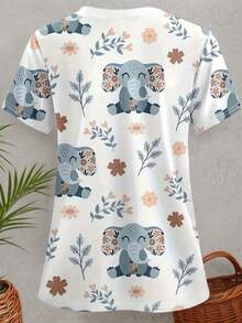 Women Cartoon Elephant & Plant Print Nursing Scrub Uniform Top, Simple Fashion Daily Casual - Multicolor - View 3