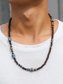 1 pieza Collar de cuentas de madera y cerámica con diseño de nicho de moda y efecto degradado, adecuado para uso diario de hombres, de múltiples capas, regalo - Multicolor - Ver 3