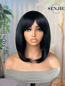 16 Inch Light Straight Bob Wig With Bangs Synthetic Wig Realistic Short Black Bob Wigs, Cut Bob Wig Glueless - Multicolor - View 4
