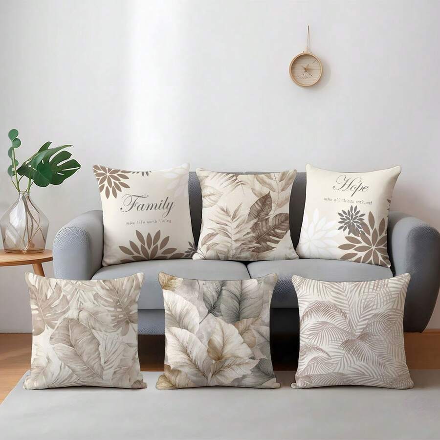 6 vỏ gối hình lá hình học kaki tối giản hàng ngày & "Gia đình hy vọng", vải nhung đào mềm mại một mặt, vỏ gối 45*45/50*50/40*40CM dùng để trang trí nhà cửa, trang trí tiệc tùng, làm quà tặng - Nâu - 6 cái - Xem 1