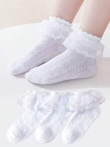 3双装女士蝴蝶结蕾丝花边网眼芭蕾/拉丁舞袜，夏季 - 白色 - 查看 8