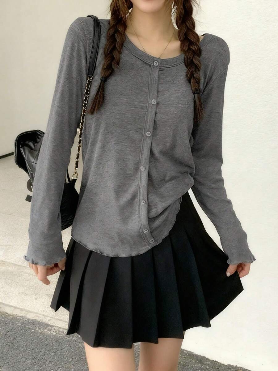 Camiseta casual de manga larga de un solo pecho con cuello redondo de unicolor para mujer - Gris - Ver 1
