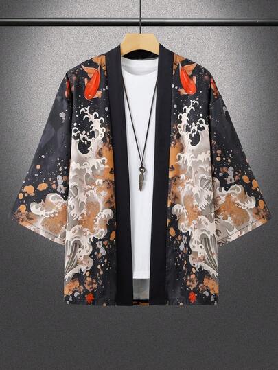 Men's Japanese Style Lightweight Jacket - Thin Black Coat With Koi Fish Pattern, Loose Collarless Design, Machine Washable Polyester Summer Piece, Traditional Japanese Formal Casual Dual-Purpose - Retro Streetwear For Festivals, Easy Care, Please Refer To Size Chart Carefully