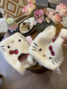 三丽鸥冬季柔软刺绣羊毛小手提包，可爱猫咪托特包，杂物收纳袋，通勤收纳袋