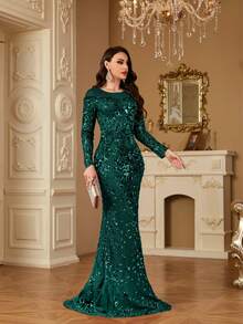 hezixi High-Quality Stretchy Sequin Maxi Dress, Comfortable Fit For All Figures, Sheer Round Neck Long Sleeve Bodycon Mermaid Hem Design, Solid Color Elegant Luxury Women's Evening Gown, Suitable For Parties, Weddings, Formal Events, Galas - Dark Green - View 13