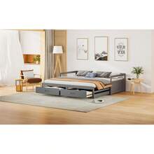Extendable Sofa Bed 90/180*200 With Drawers And Slatted Base, Pine Bed With Storage, Grey (Old SKU: LD000033AAE) - Gray + Wood + 90cm*200cm - View 9
