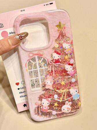 Sanrio 1个闪亮圣诞树和Hello Kitty图案手机壳，可爱卡通个性化防震保护套，适用于 17/ 17 Pro Max/ 16 Pro Max/ 15 Pro/ 14/ 13/12/11，可作为圣诞礼物送给家人、朋友、兄弟姐妹和伴侣