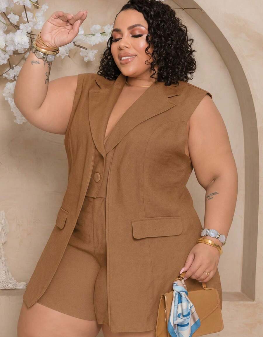 Women's Premium Plus Size Double Vest And Shorts Set - 卡布奇諾 - 查看 1