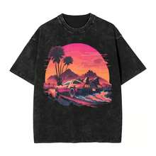 Synthwave DeLorean Back To The Future Washed T Shirt Streetwear T-Shirt Classic Movie Tee Shirt Men Women Cotton Harajuku Summer - 黑色 - 查看 1