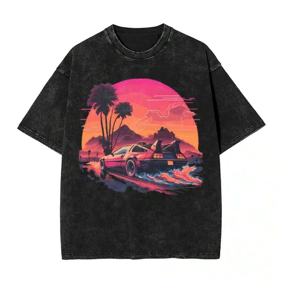 Synthwave DeLorean Back To The Future Washed T Shirt Streetwear T-Shirt Classic Movie Tee Shirt Men Women Cotton Harajuku Summer - 黑色 - 查看 1