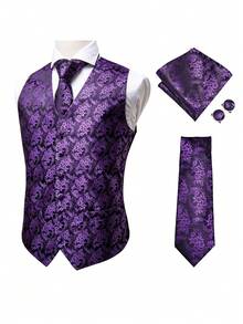 Mens Waistcoat Purple Floral Vest & Tie & Handkerchief Cufflinks Set Tuxedo Gilet Wedding Formal Casual - 紫色 - 查看 2