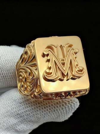 1pc Elegant Gold-Tone Square Ring With Embossed Vintage-Style Cursive Letter "M" Design, Suitable For Wearers Seeking Personalized And High-Quality Accessories