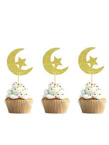 1/10/20 件新月星形装饰品，金色闪光蛋糕装饰，适用于开斋节、开斋节蛋糕装饰、开斋节派对用品、甜品桌装饰、糖果装饰、派对装饰、斋月。