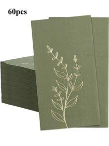 20/40/60张装，13*15.7英寸橄榄绿双层餐巾纸，金色箔纸叶子图案，适用于晚餐、野餐、生日、婚礼派对等场合。