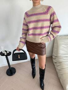 Women's Striped Contrast Color Knit Pullover Sweater, Long Sleeve, Suitable For Holiday, Vacation And Daily Wear, Spring/Autumn - Multicolor - View 3