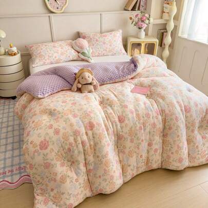 1pc Cartoon Print A-Version Knitted Fabric B-Version Velvet Bean Fleece All-Season Comfortable Quilt, Quilted Comforter, All-Season Down Alternative Filling Bedding Quilt, With Corner Ties Warm Soft Quilted Craft Thick Comforter, Suitable For Bedroom, Guest Room, Back To School Season; School Supplies, Dorm Bedding