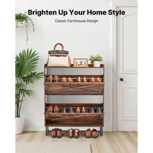 Shoe Cabinet With 2 Flip Drawers, Farmhouse Shoes Storage Cabinet With Metal Legs And Anti-Tipping Device, Freestanding Shoe Organizer Ideal For Entryway, Hallway, Bedroom, Living Room, Brown - Farmhouse Style 31.5-inch 2-Drawer - 查看 2