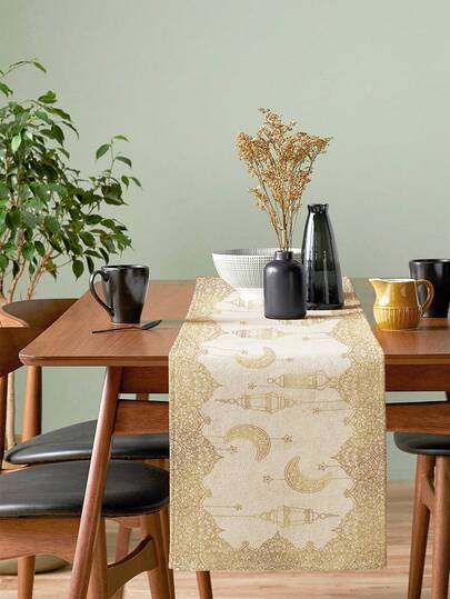 1pc Middle Eastern Ramadan Star & Crescent Lantern Print Linen Table Runner, Suitable For Festivals, Parties, Birthdays, Dinners, Kitchen & Dining Room Decor, Shoe Cabinet & Storage Cover, All Season Home & Textile Decor
